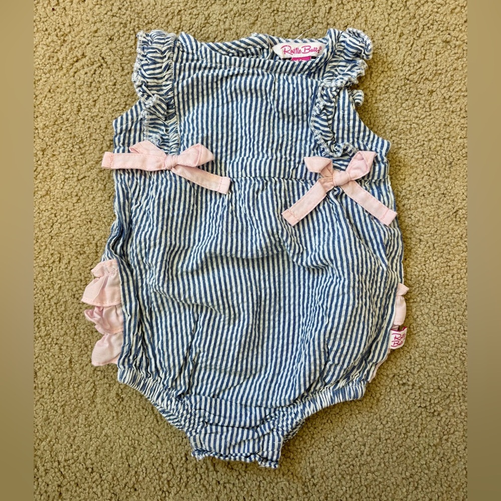 Ruffle Butts Navy and White Striped Baby Romper with Pink Logo Trim- 3 to 6 mont